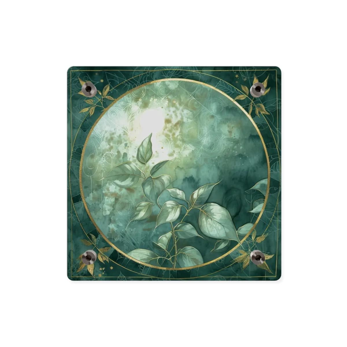 Golden Moon and Foliage in a Sacred Circle - Acrylic Wall Art Panels mockup angle 2