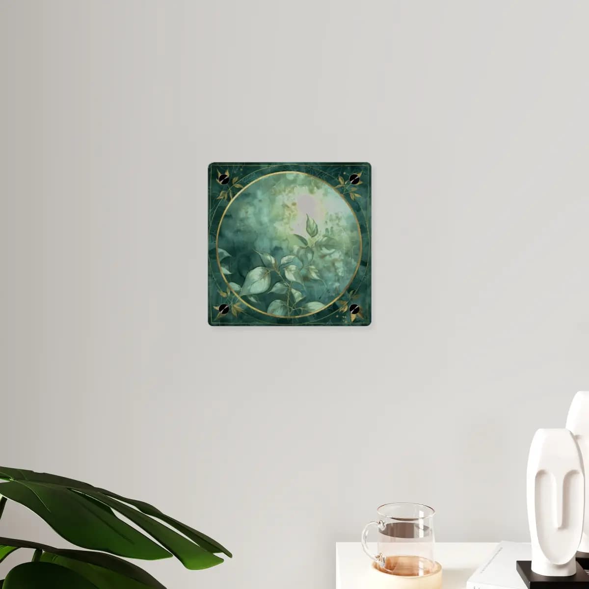 Golden Moon and Foliage in a Sacred Circle - Acrylic Wall Art Panels mockup angle 3