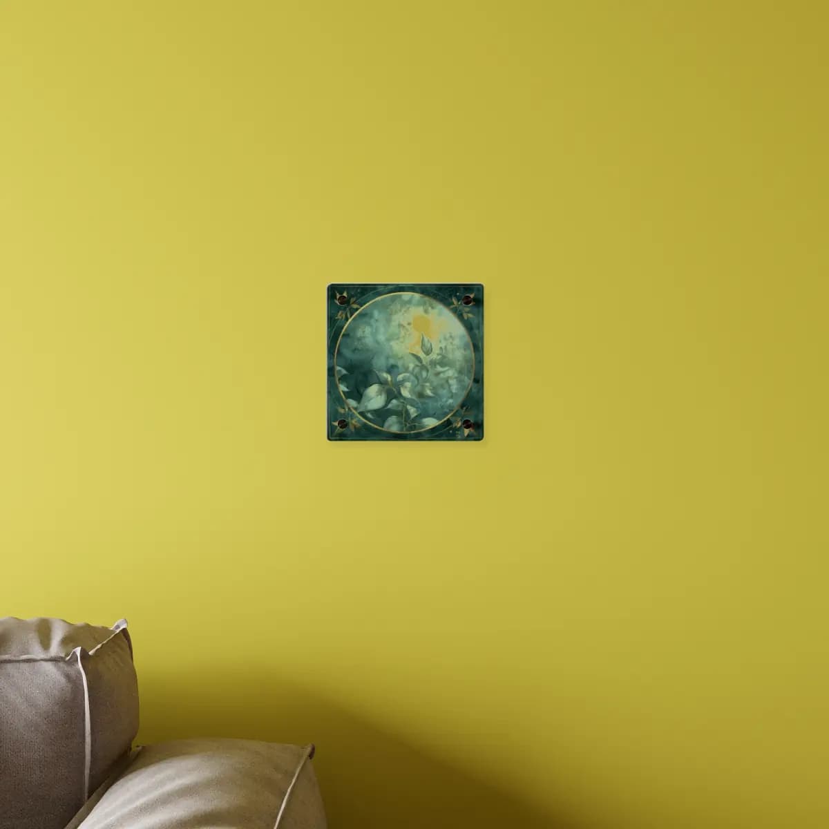 Golden Moon and Foliage in a Sacred Circle - Acrylic Wall Art Panels mockup angle 4