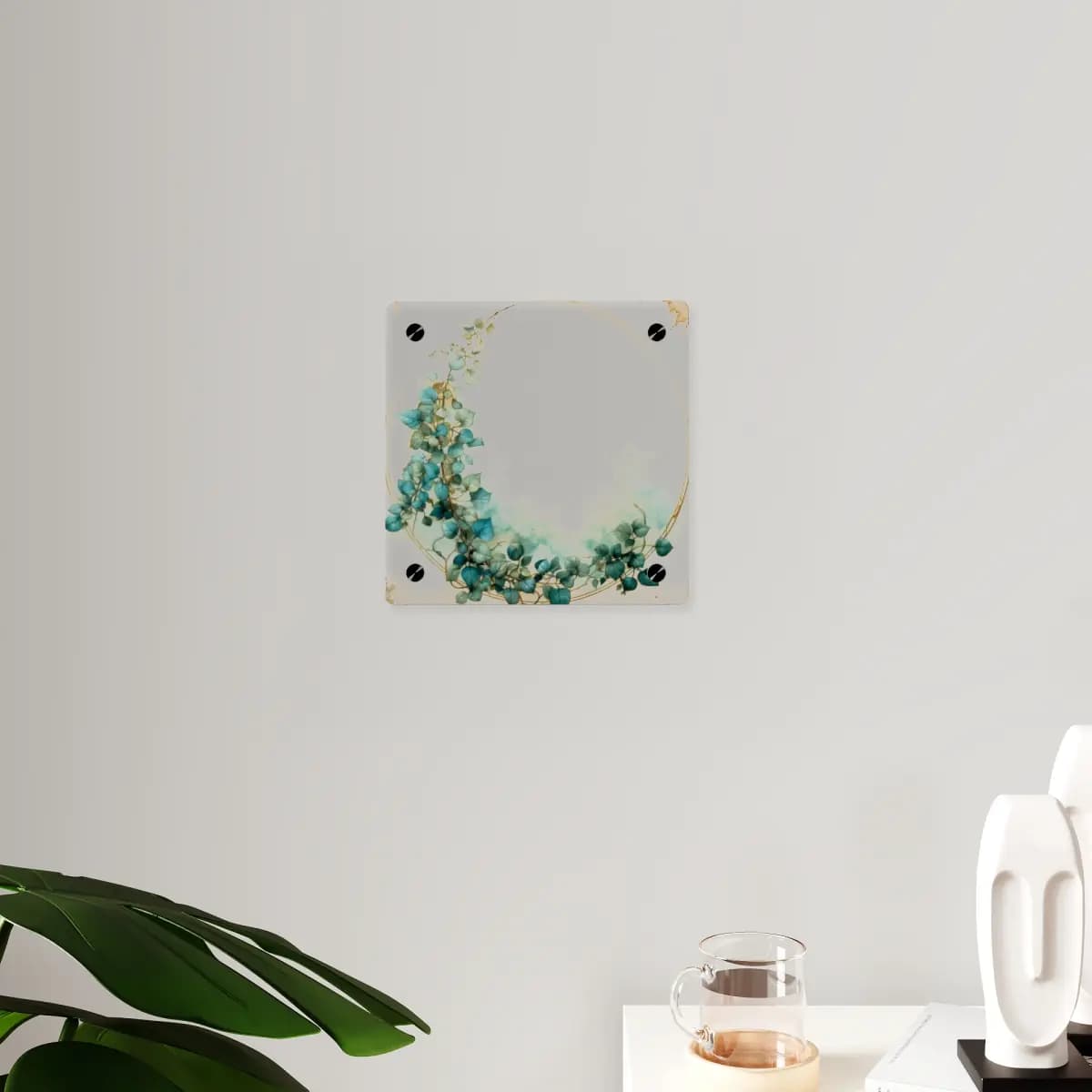 Golden Circle Entwined with Blue Ivy - Acrylic Wall Art Panels mockup angle 3
