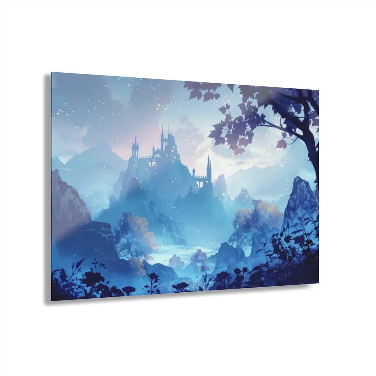 Enchanted Castle Rising Through Blue Mist - Acrylic Prints (French Cleat Hanging) mockup angle 1