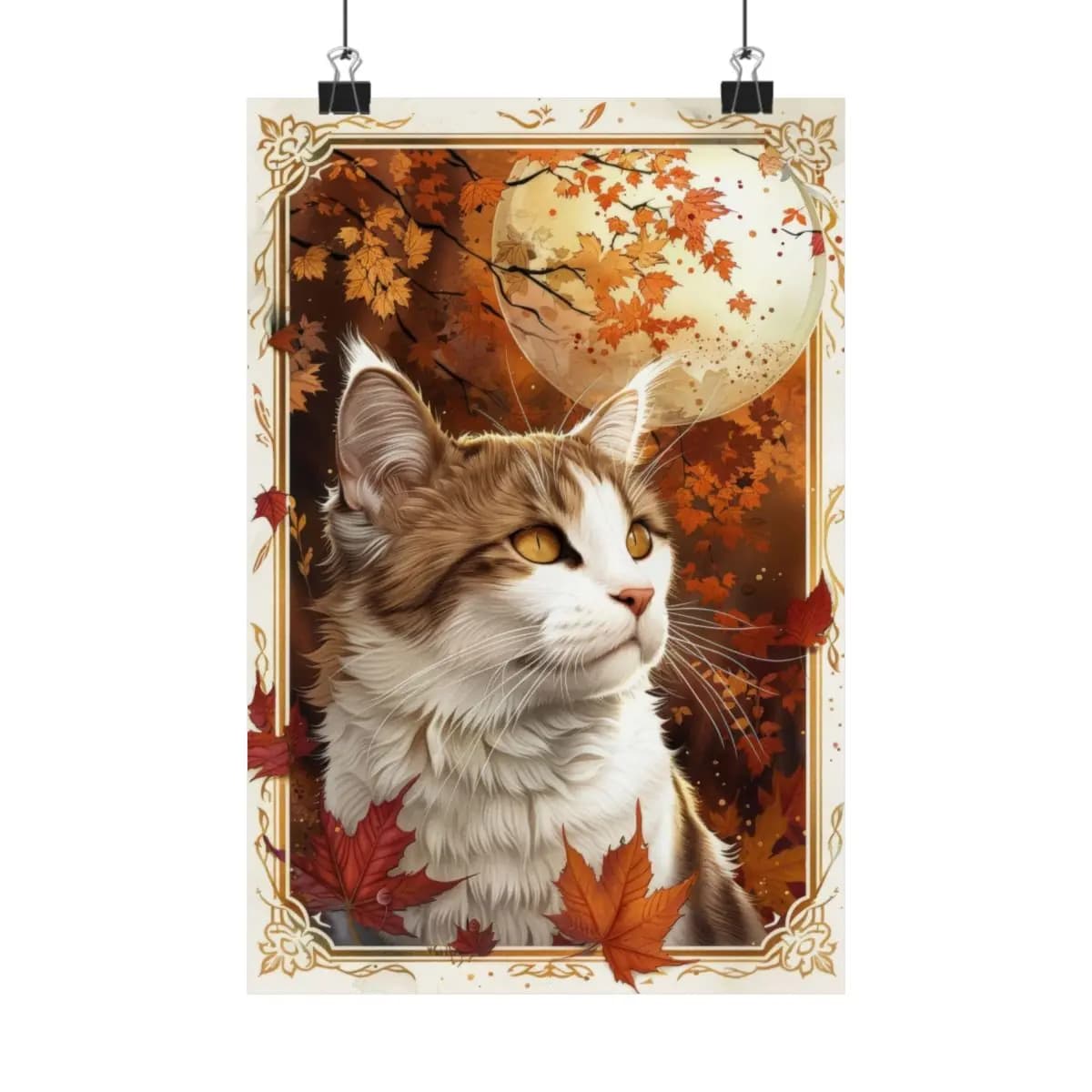 Autumn Moon Cat Among Falling Maple Leaves - Matte Vertical Posters mockup angle 1