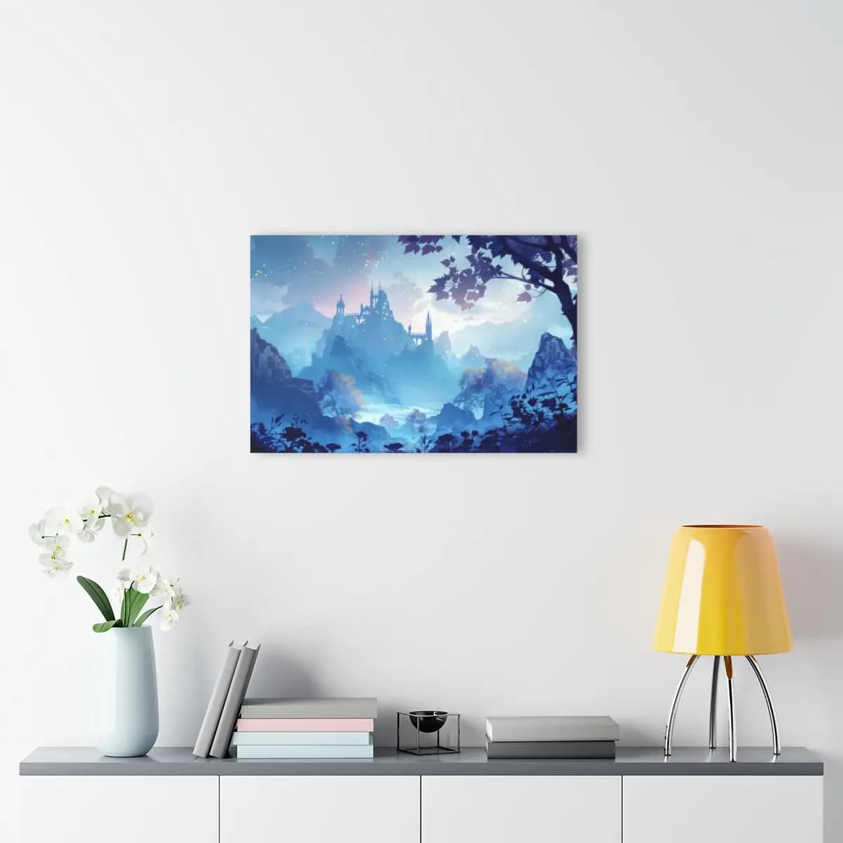 Enchanted Castle Rising Through Blue Mist - Acrylic Prints (French Cleat Hanging) mockup angle 4
