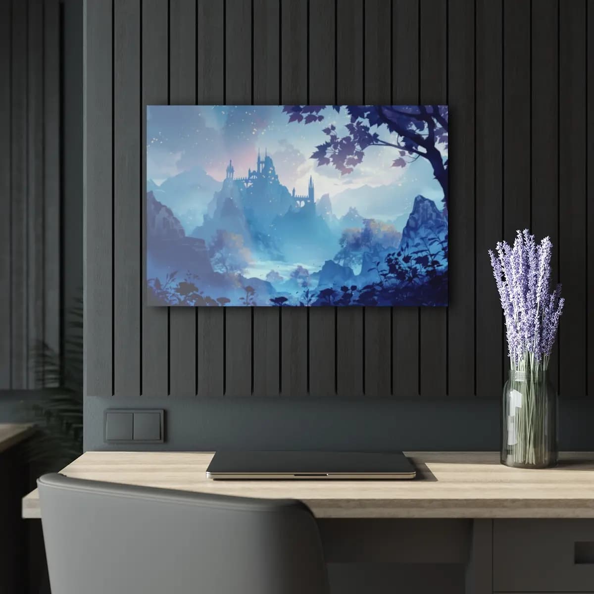 Enchanted Castle Rising Through Blue Mist - Acrylic Prints (French Cleat Hanging) mockup angle 5