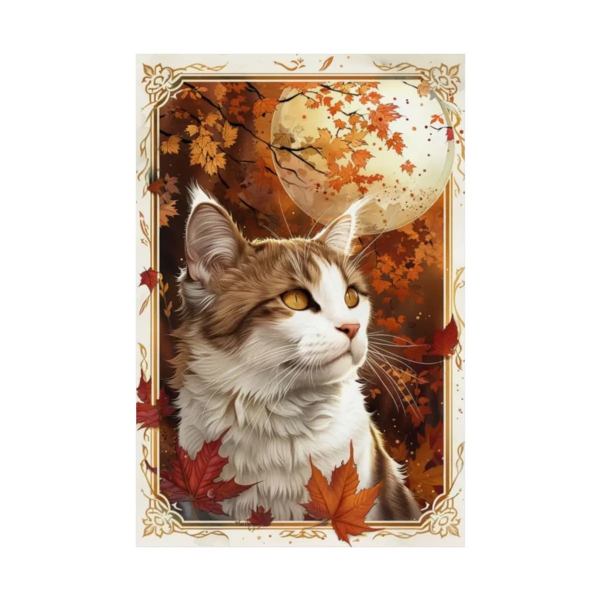Autumn Moon Cat Among Falling Maple Leaves - Matte Vertical Posters mockup angle 2