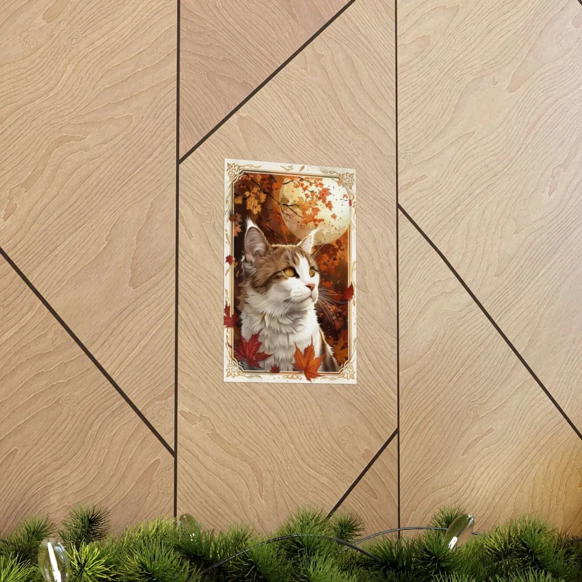 Autumn Moon Cat Among Falling Maple Leaves - Matte Vertical Posters mockup angle 5