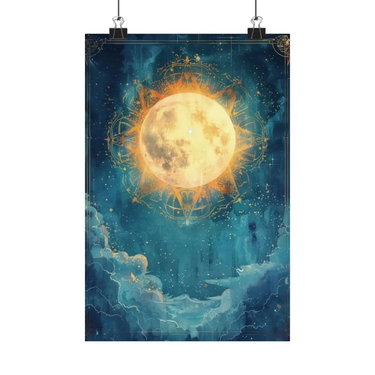 Golden Full Moon in a Mystical Night Sky - Matte Vertical Posters mockup angle 1