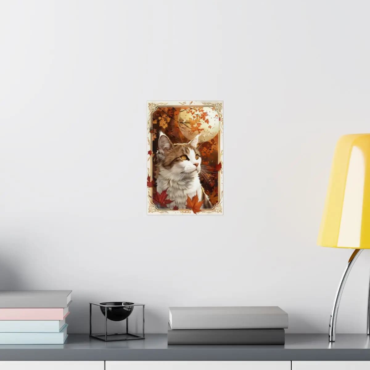 Autumn Moon Cat Among Falling Maple Leaves - Matte Vertical Posters mockup angle 8