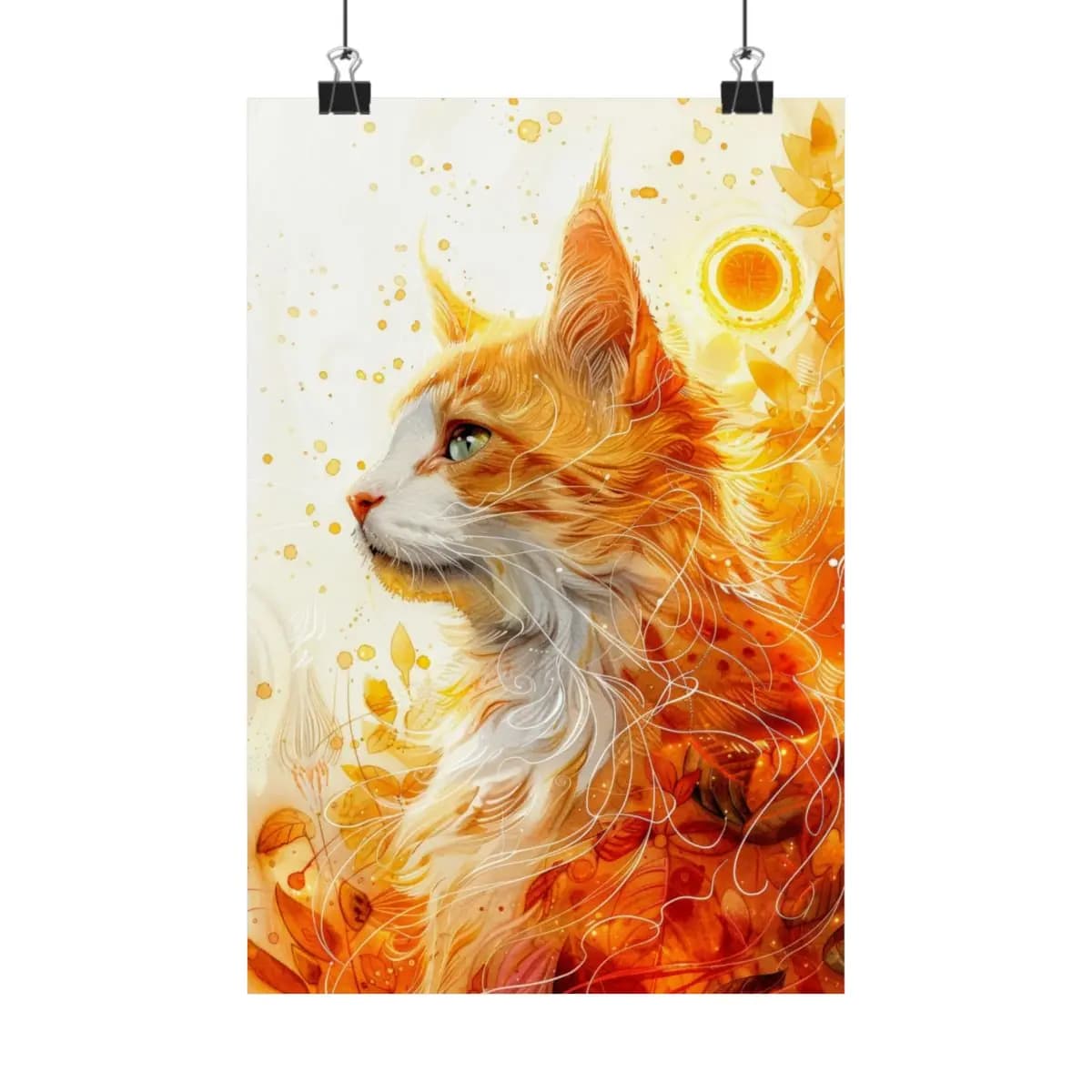 Solar Flame Cat Among Autumn Leaves - Matte Vertical Posters mockup angle 1