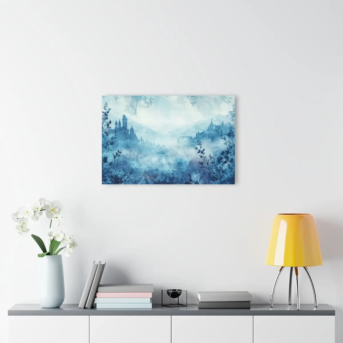 Phantom Castles Rising Through Blue Mist - Acrylic Prints (French Cleat Hanging) mockup angle 4