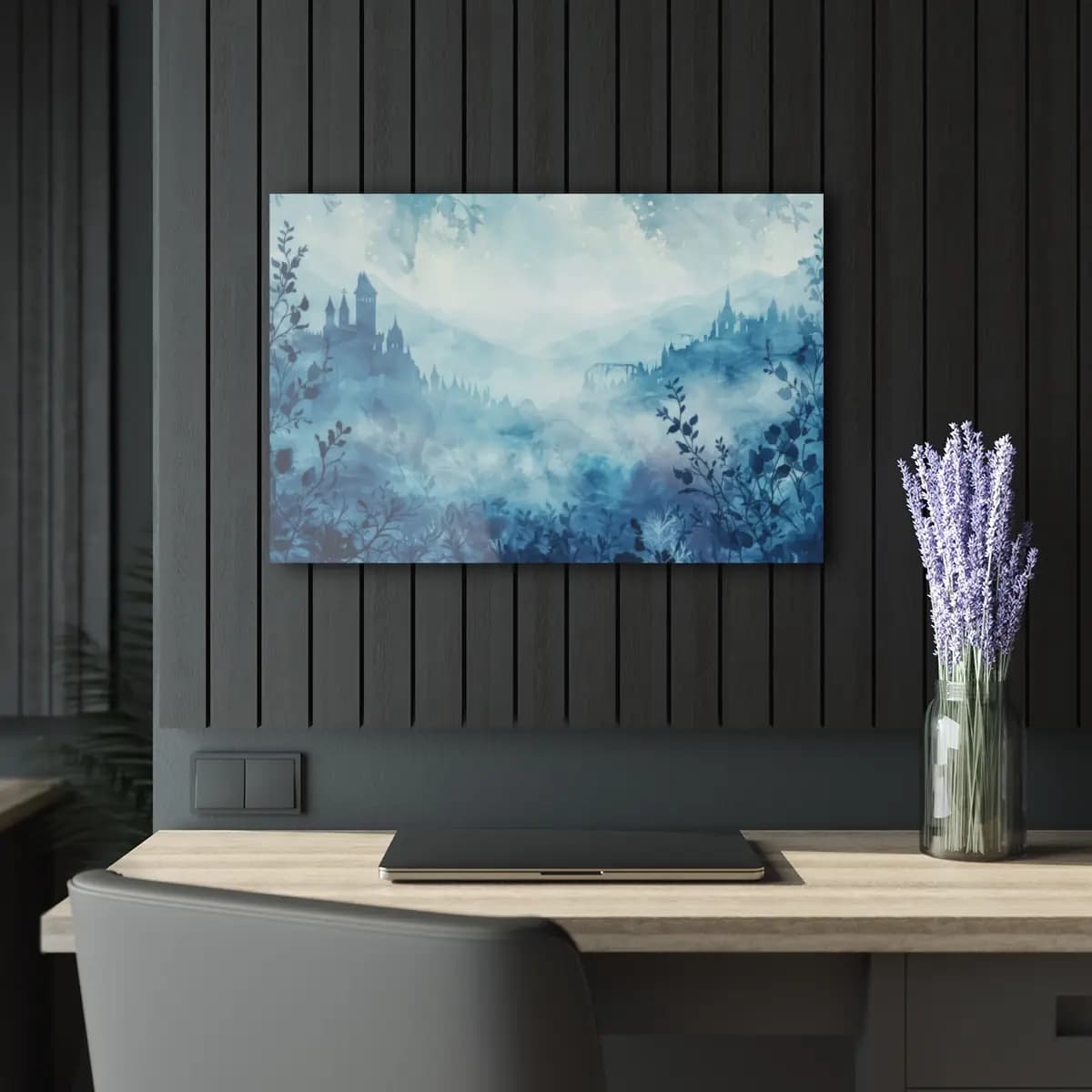 Phantom Castles Rising Through Blue Mist - Acrylic Prints (French Cleat Hanging) mockup angle 5