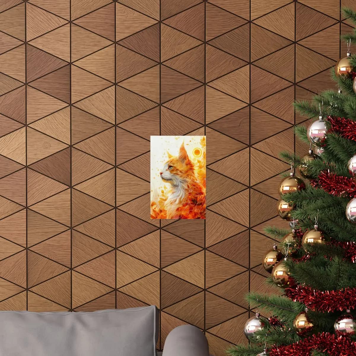 Solar Flame Cat Among Autumn Leaves - Matte Vertical Posters mockup angle 4