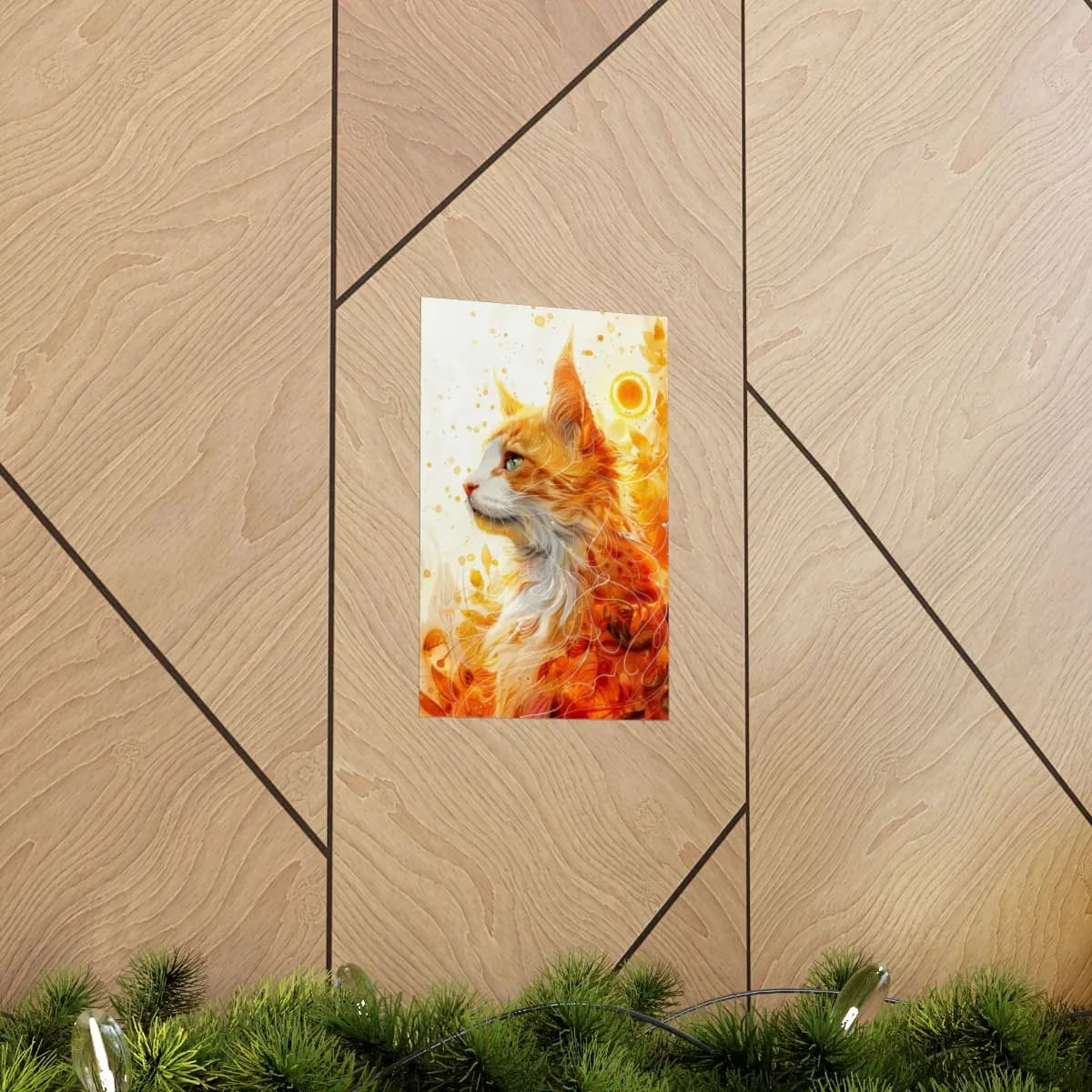 Solar Flame Cat Among Autumn Leaves - Matte Vertical Posters mockup angle 5