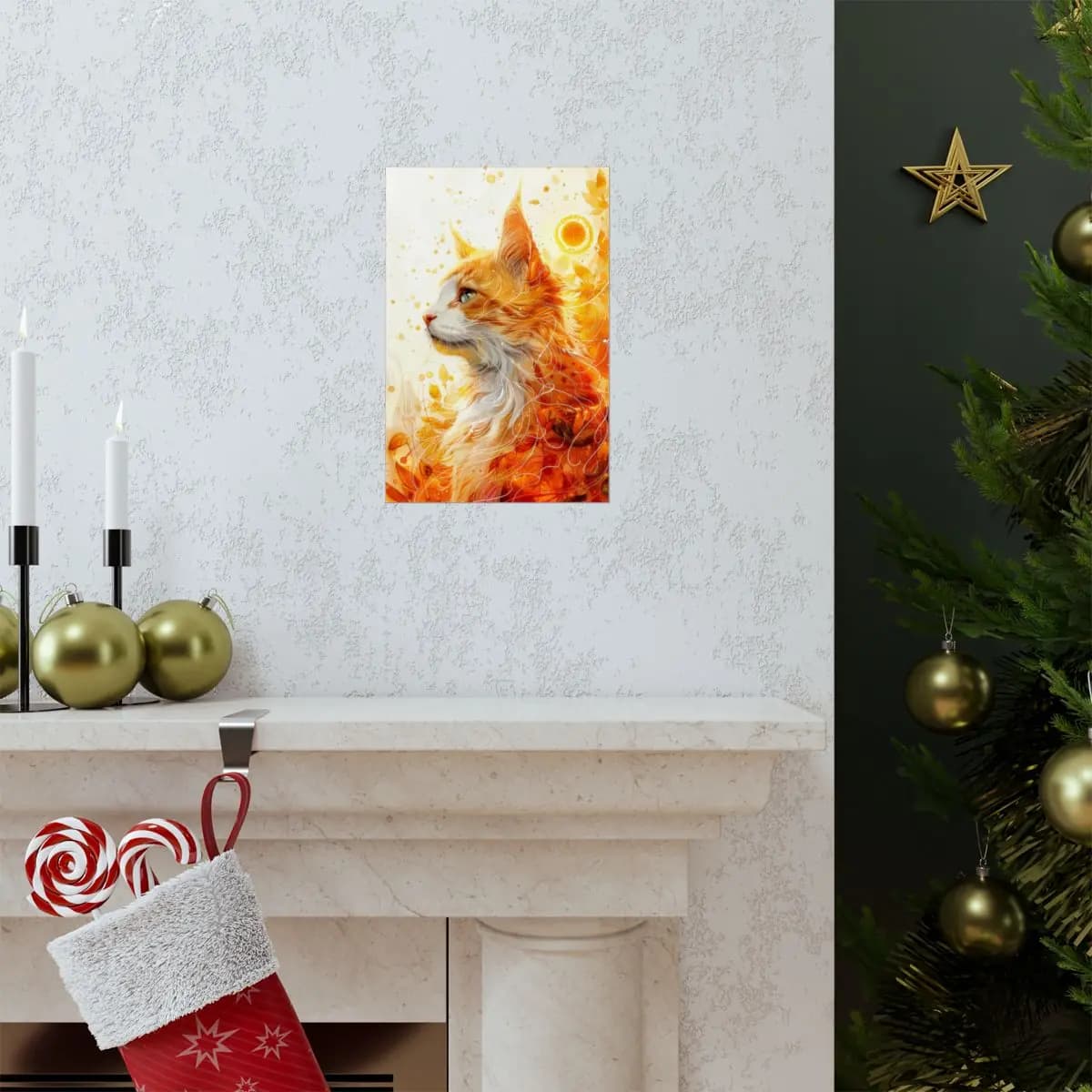 Solar Flame Cat Among Autumn Leaves - Matte Vertical Posters mockup angle 7