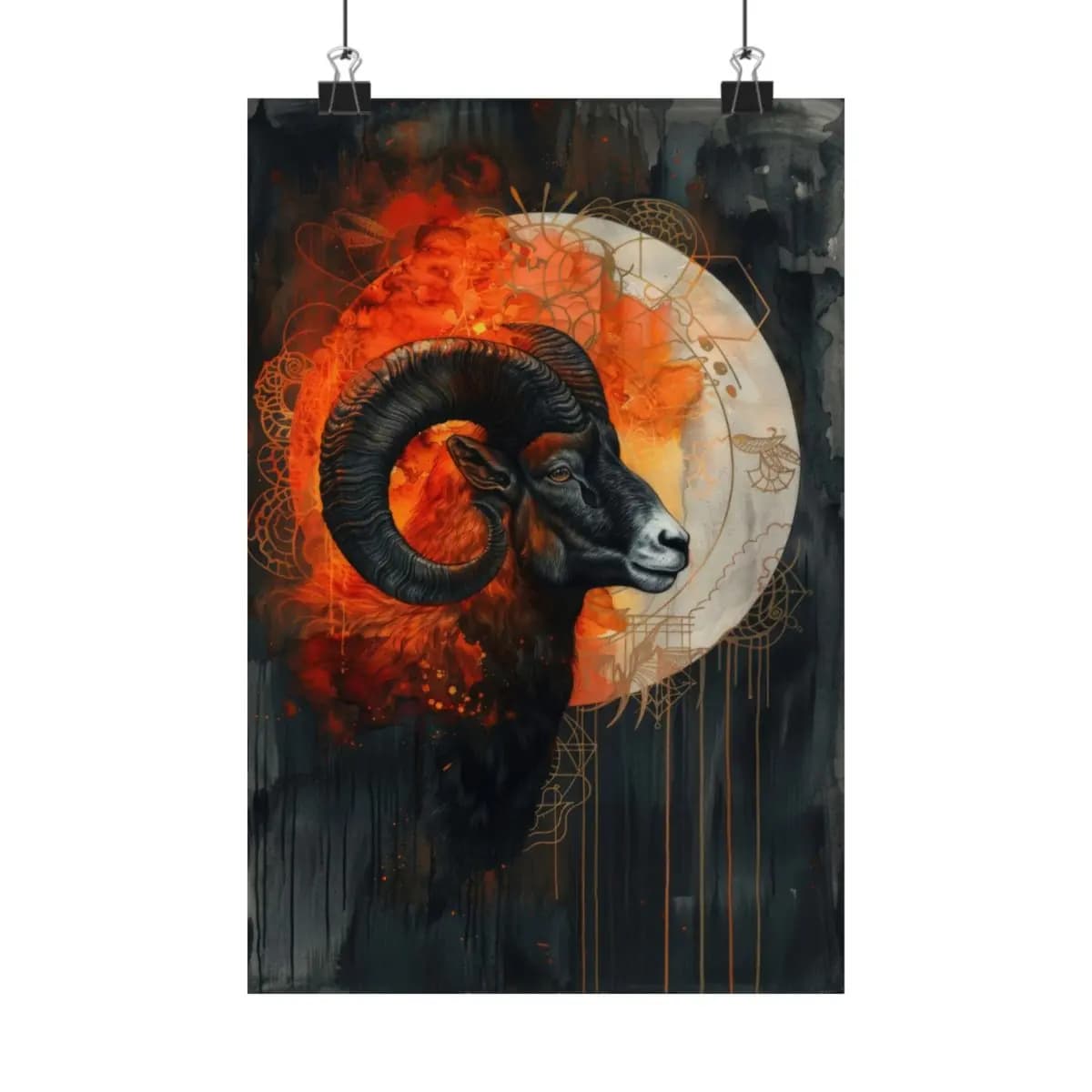 Mystic Ram with Spiraling Horns of Fire - Matte Vertical Posters mockup angle 1