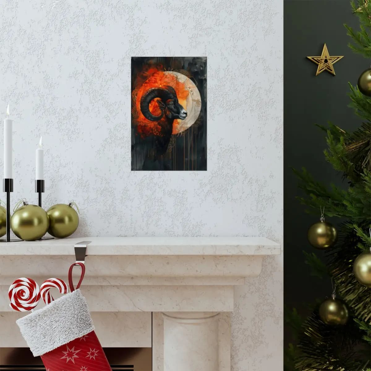 Mystic Ram with Spiraling Horns of Fire - Matte Vertical Posters mockup angle 7