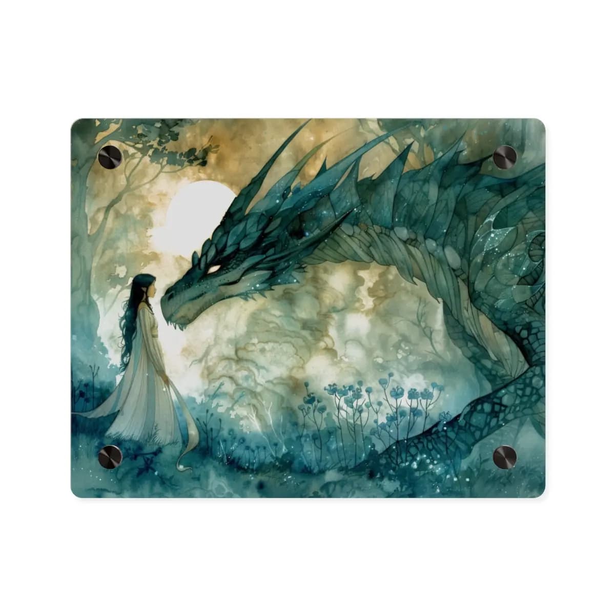 The Elven Girl and the Dragon Beneath the Moon - Acrylic Wall Art Panels mockup angle 1