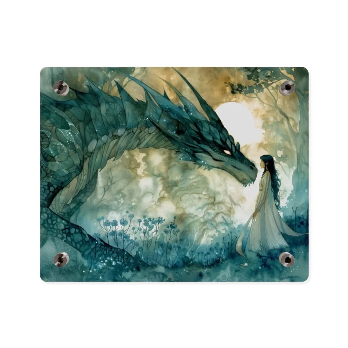The Elven Girl and the Dragon Beneath the Moon - Acrylic Wall Art Panels mockup angle 2