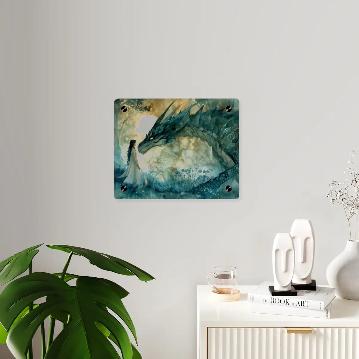 The Elven Girl and the Dragon Beneath the Moon - Acrylic Wall Art Panels mockup angle 3