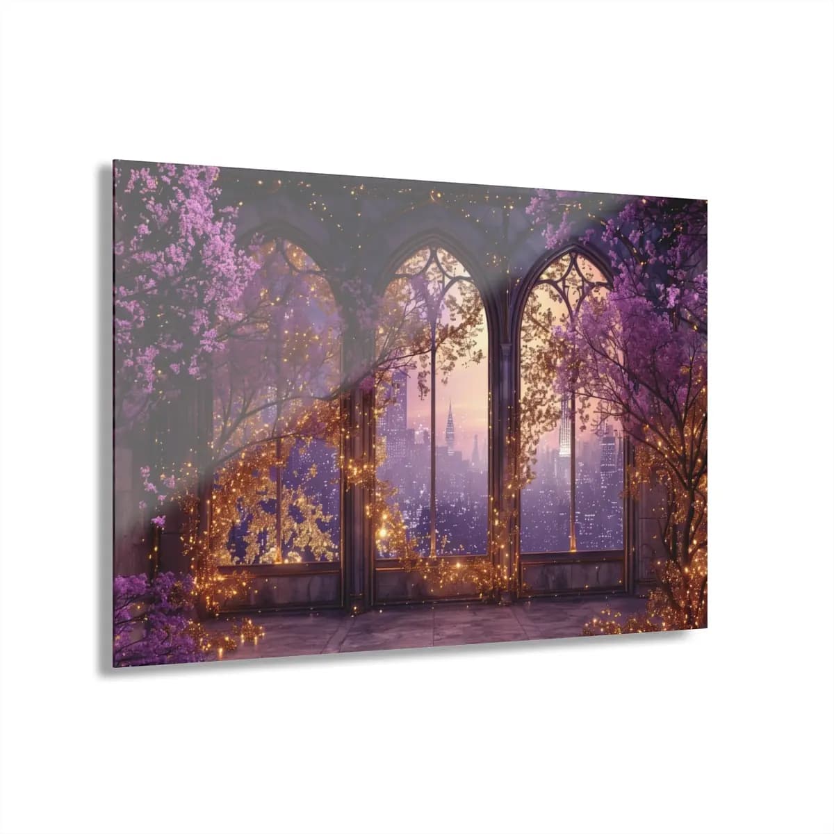 Gothic Arches and Cherry Blossoms Over the Night City - Acrylic Prints (French Cleat Hanging) mockup angle 1