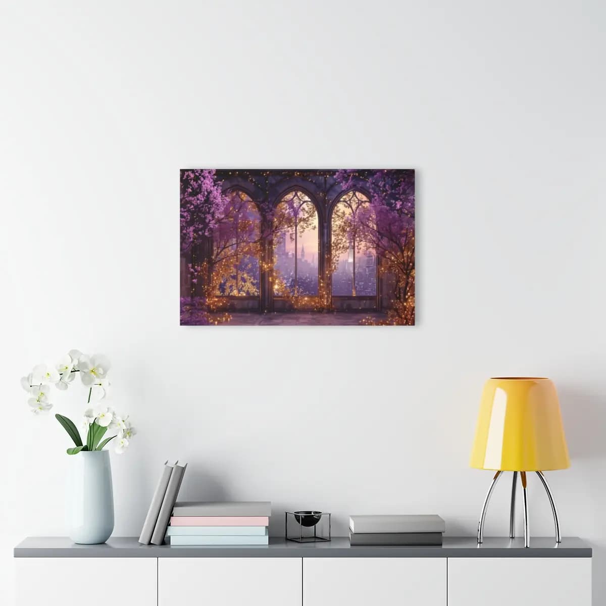 Gothic Arches and Cherry Blossoms Over the Night City - Acrylic Prints (French Cleat Hanging) mockup angle 4