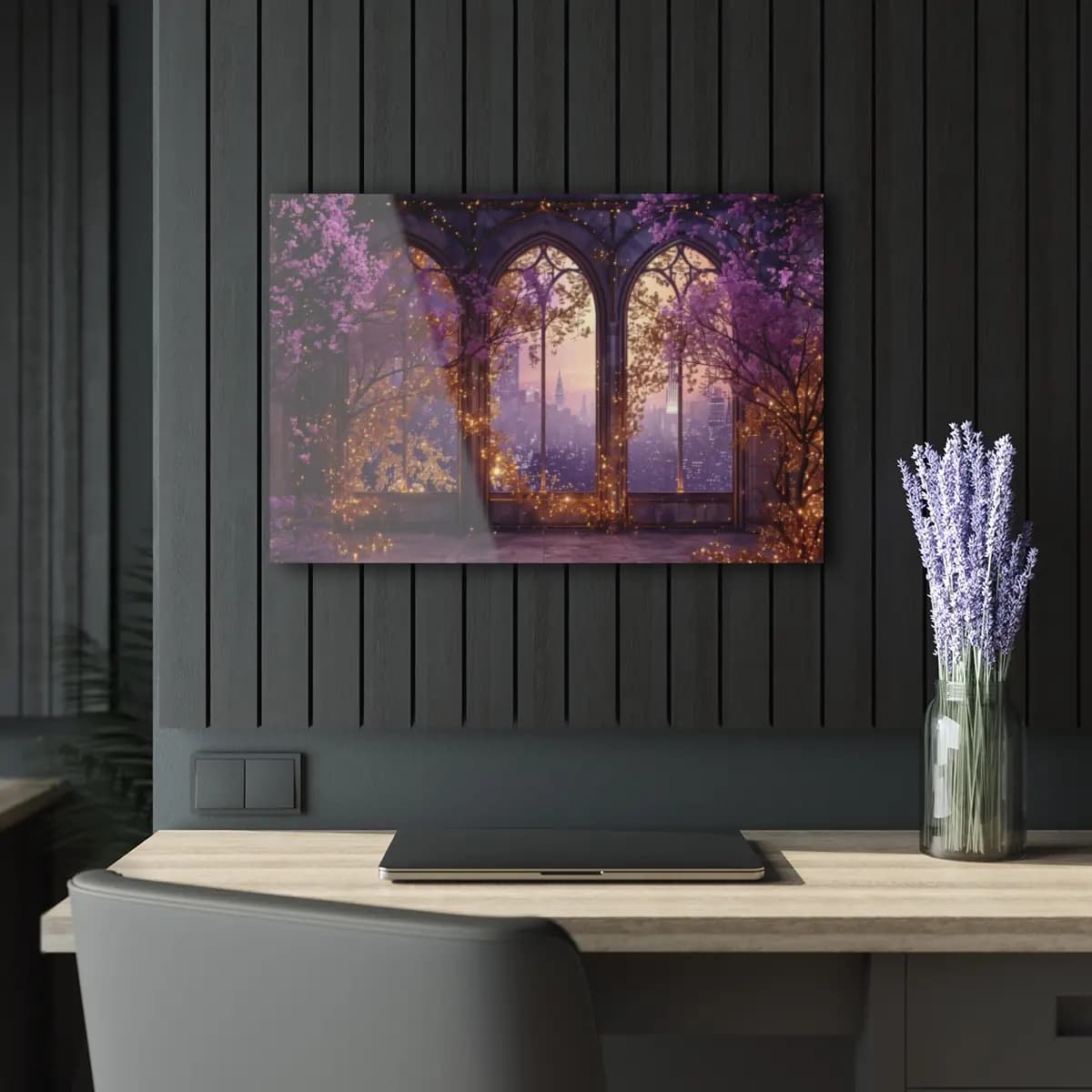 Gothic Arches and Cherry Blossoms Over the Night City - Acrylic Prints (French Cleat Hanging) mockup angle 5