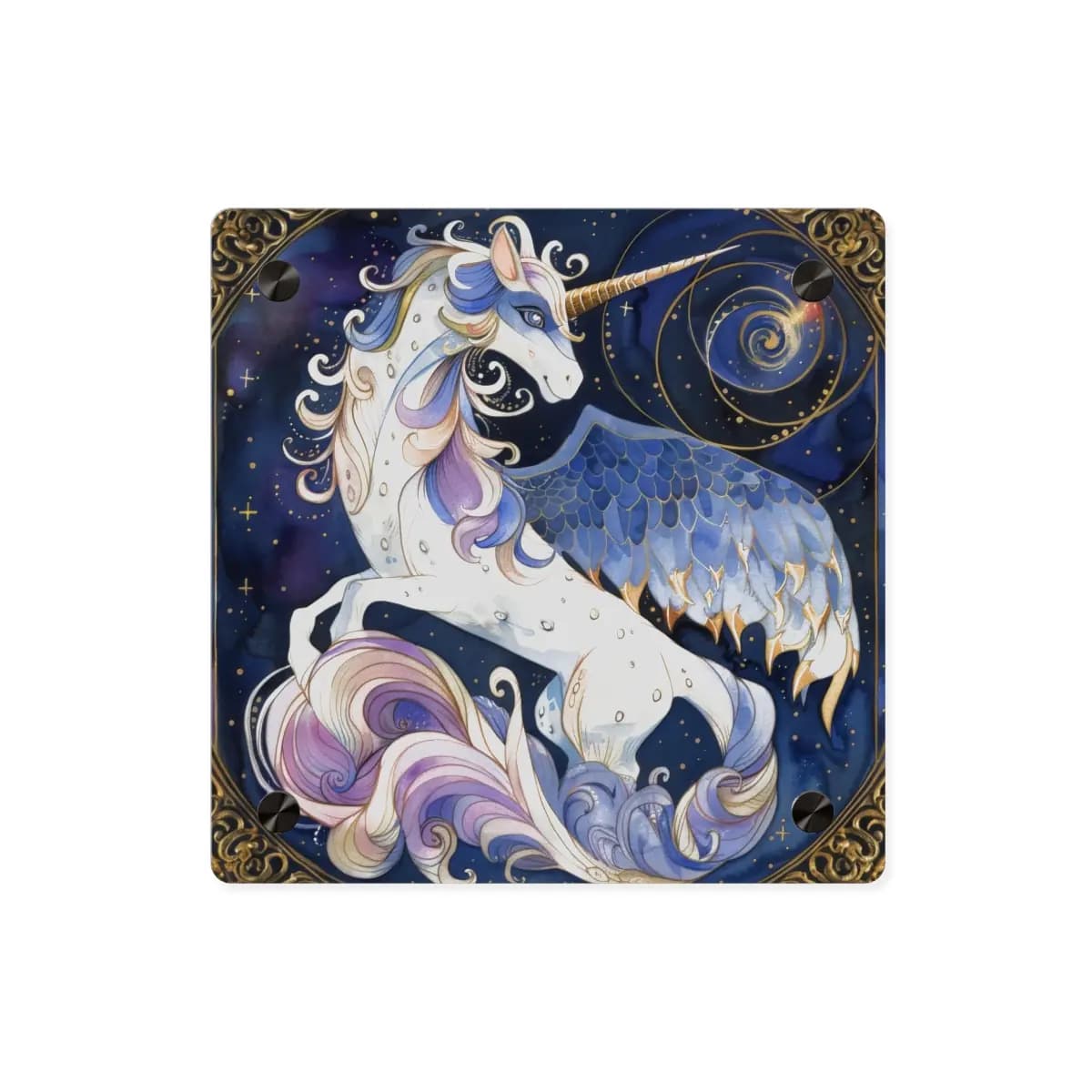Winged Unicorn Among Golden Celestial Spirals - Acrylic Wall Art Panels mockup angle 1