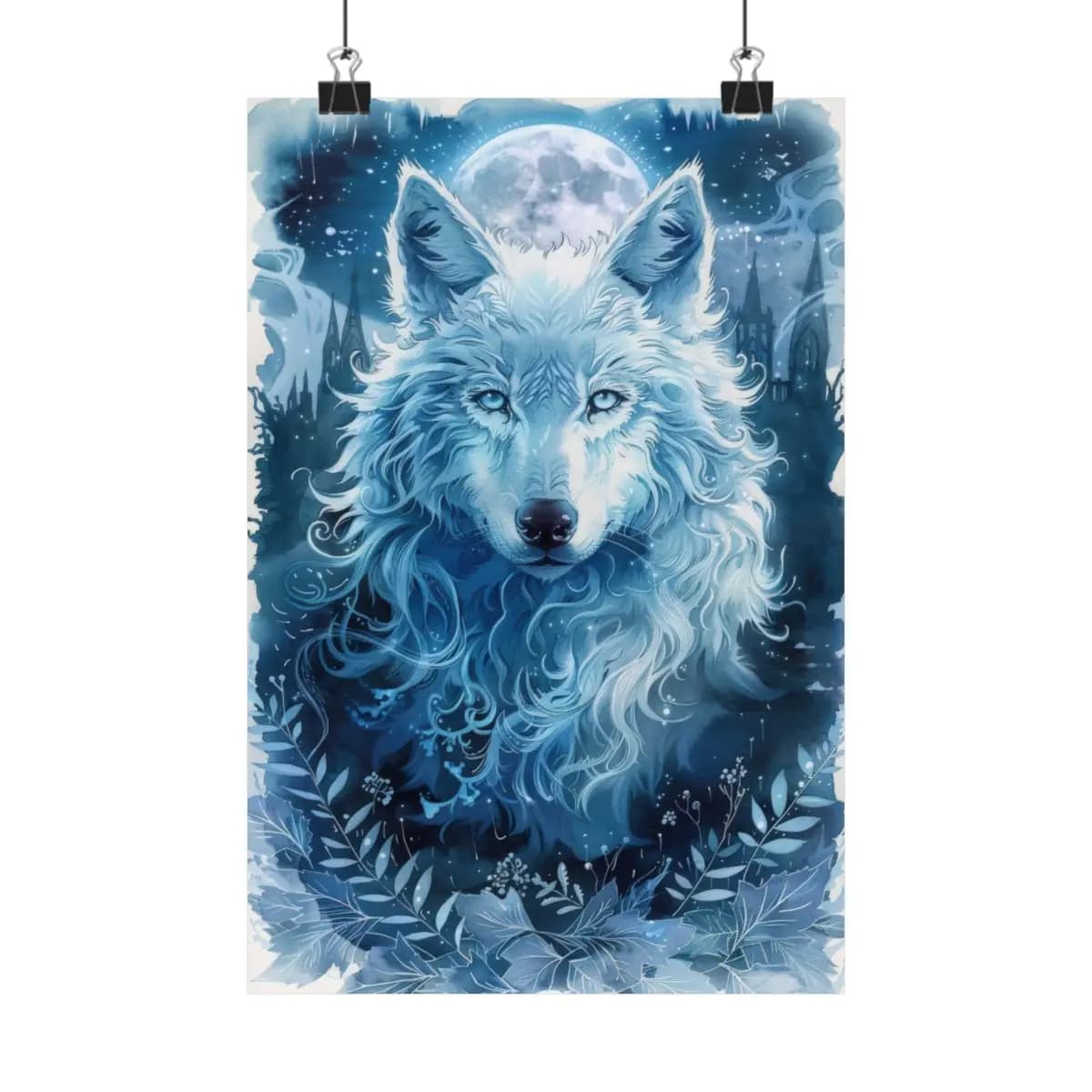 Mystic White Wolf Beneath the Winter Moon - Matte Vertical Posters mockup angle 1
