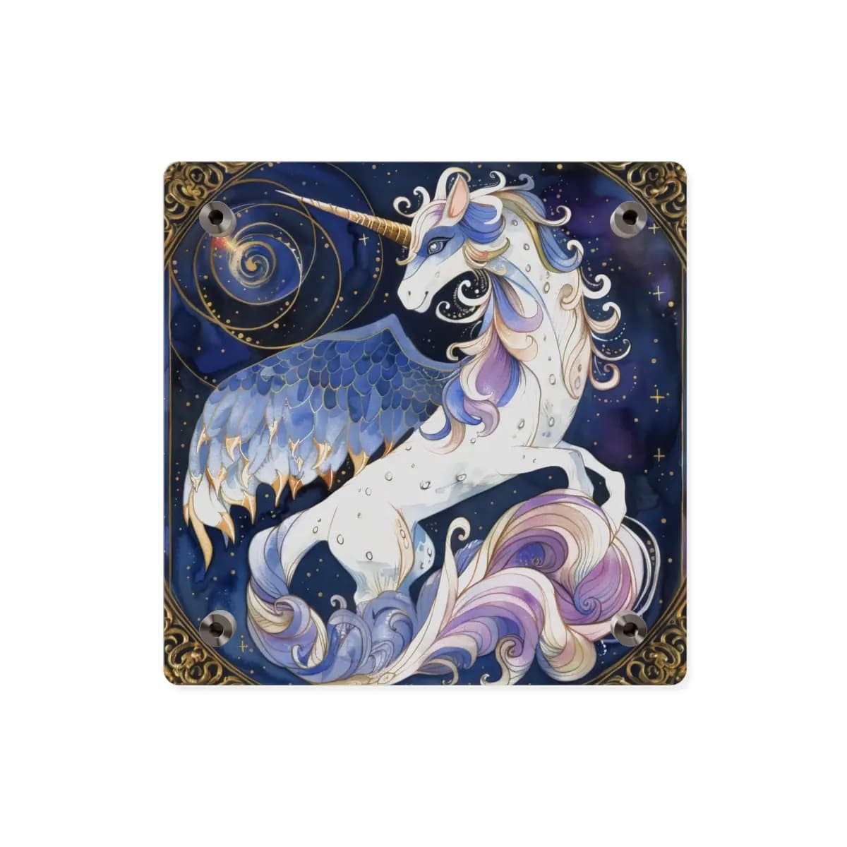 Winged Unicorn Among Golden Celestial Spirals - Acrylic Wall Art Panels mockup angle 2