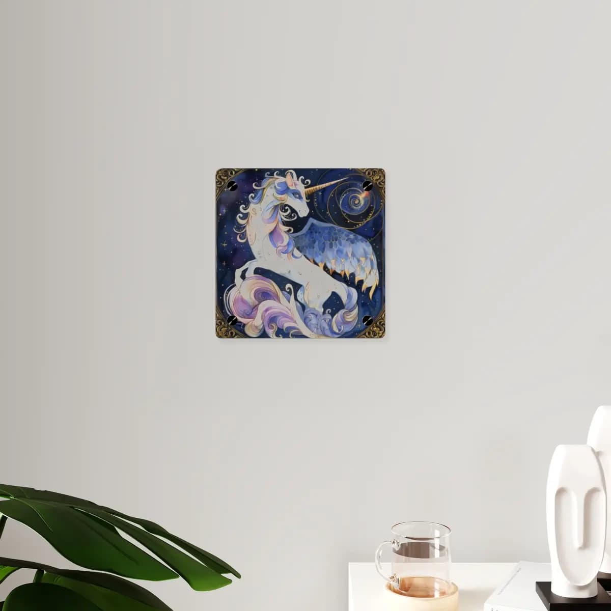 Winged Unicorn Among Golden Celestial Spirals - Acrylic Wall Art Panels mockup angle 3