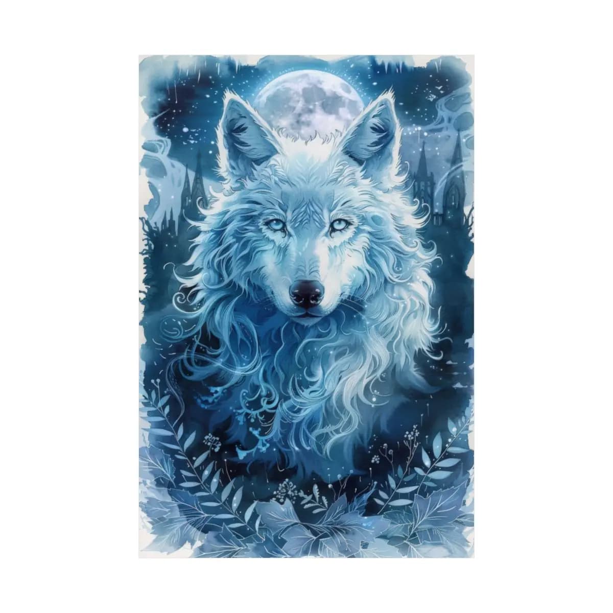 Mystic White Wolf Beneath the Winter Moon - Matte Vertical Posters mockup angle 2