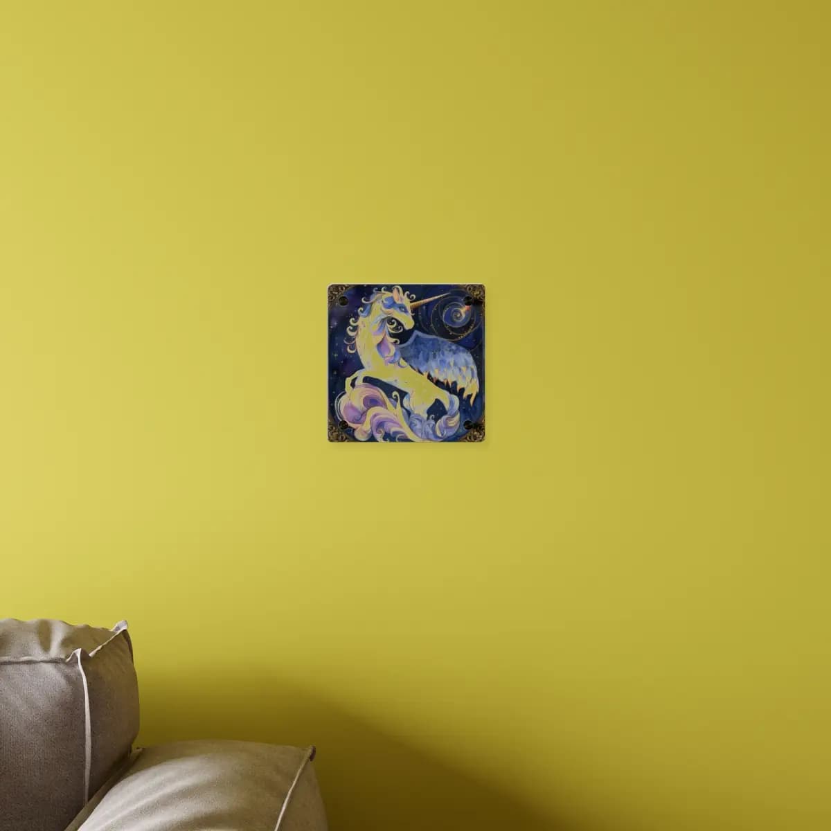 Winged Unicorn Among Golden Celestial Spirals - Acrylic Wall Art Panels mockup angle 4