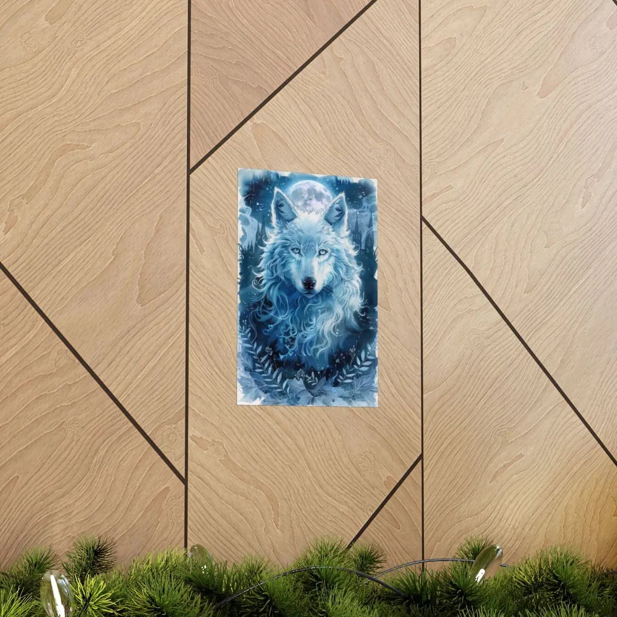 Mystic White Wolf Beneath the Winter Moon - Matte Vertical Posters mockup angle 5