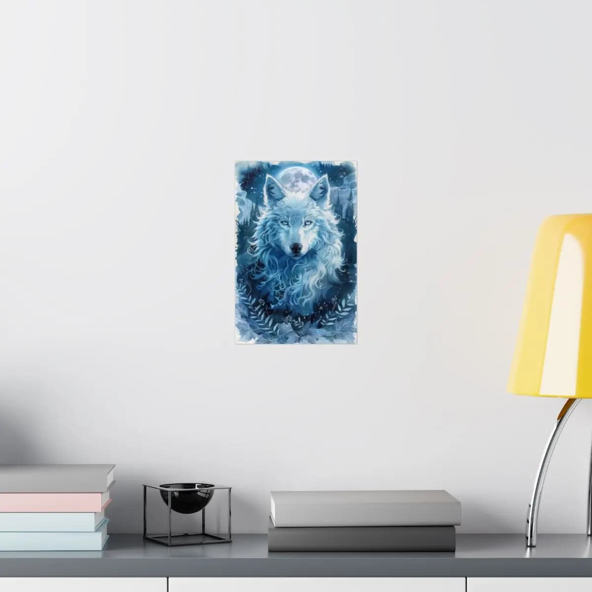 Mystic White Wolf Beneath the Winter Moon - Matte Vertical Posters mockup angle 8