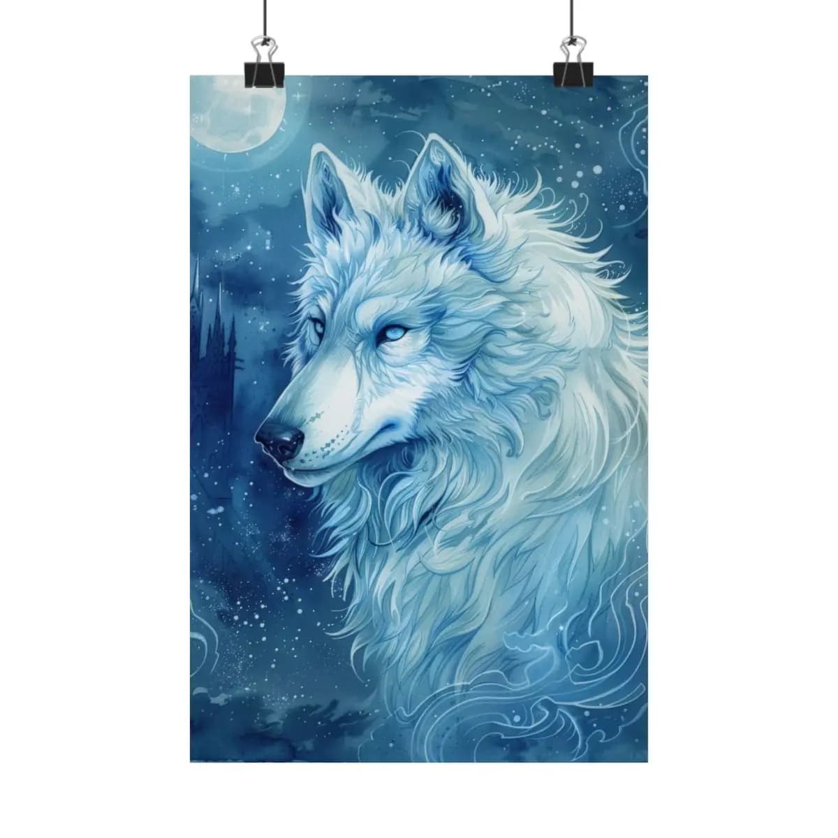 Celestial White Wolf Beneath the Winter Moon - Matte Vertical Posters mockup angle 1