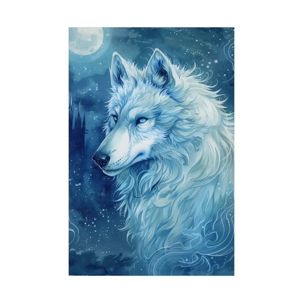 Celestial White Wolf Beneath the Winter Moon - Matte Vertical Posters mockup angle 2