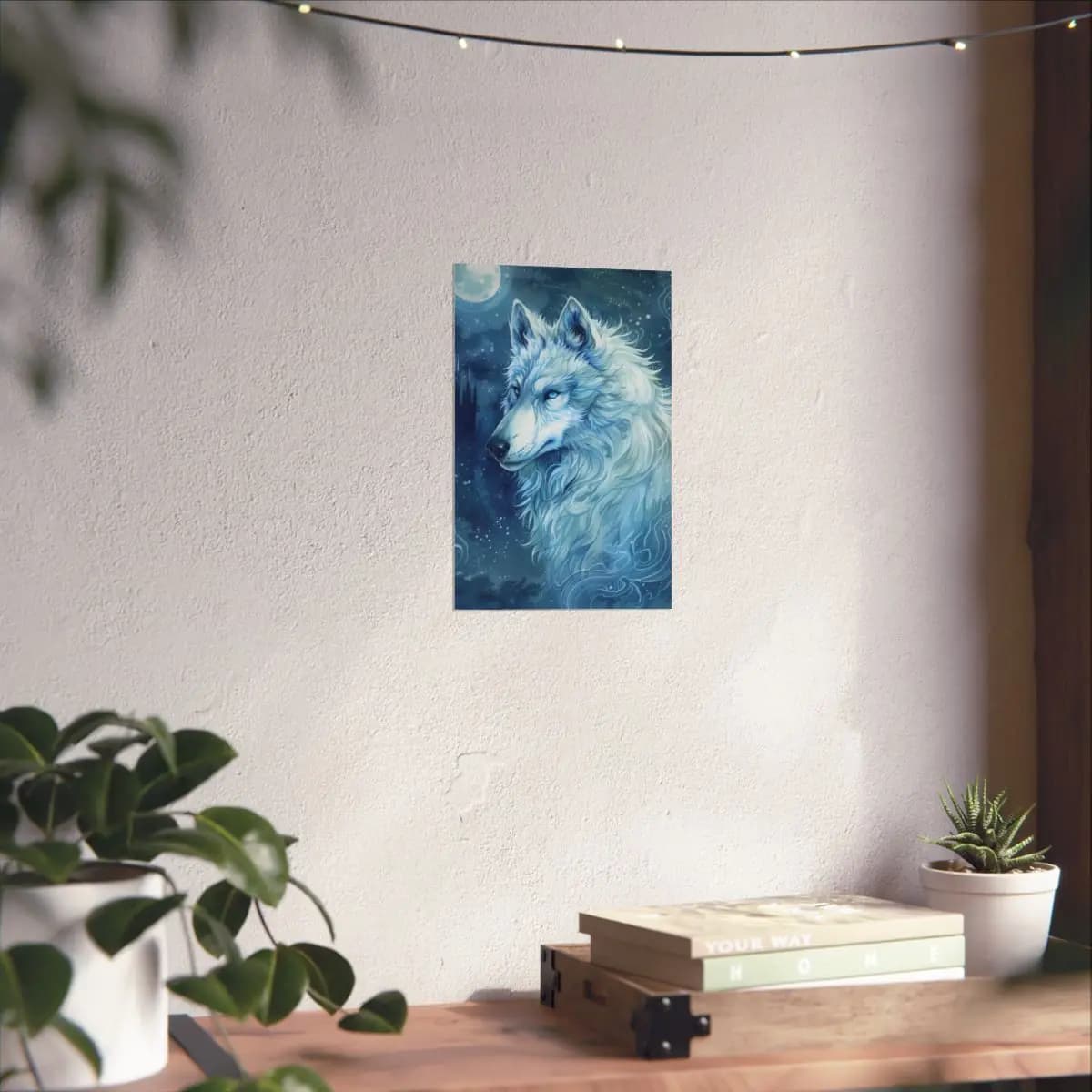 Celestial White Wolf Beneath the Winter Moon - Matte Vertical Posters mockup angle 6