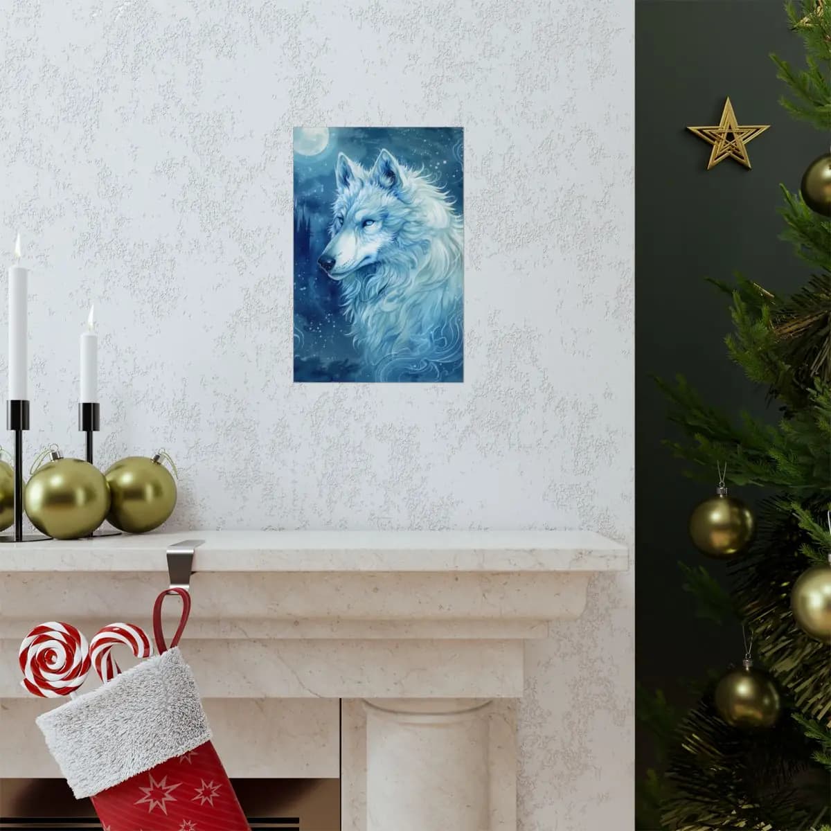 Celestial White Wolf Beneath the Winter Moon - Matte Vertical Posters mockup angle 7