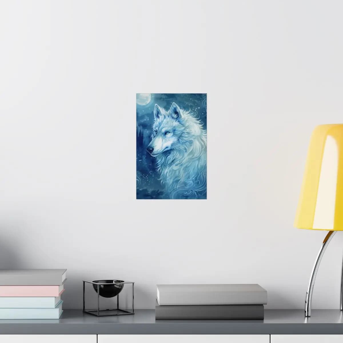 Celestial White Wolf Beneath the Winter Moon - Matte Vertical Posters mockup angle 8