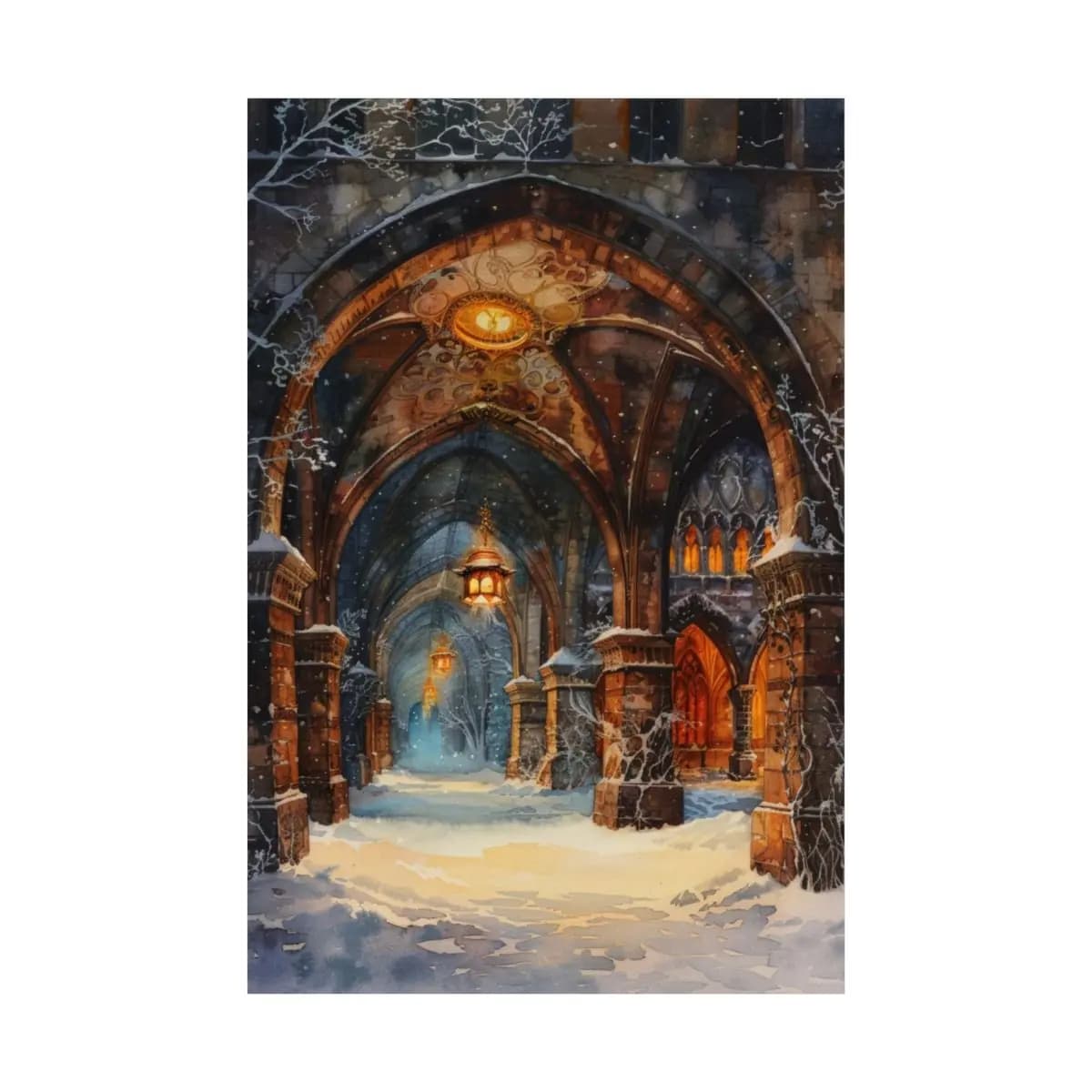 Snow-Laden Gothic Gateway Under Golden Lanterns - Matte Vertical Posters mockup angle 2