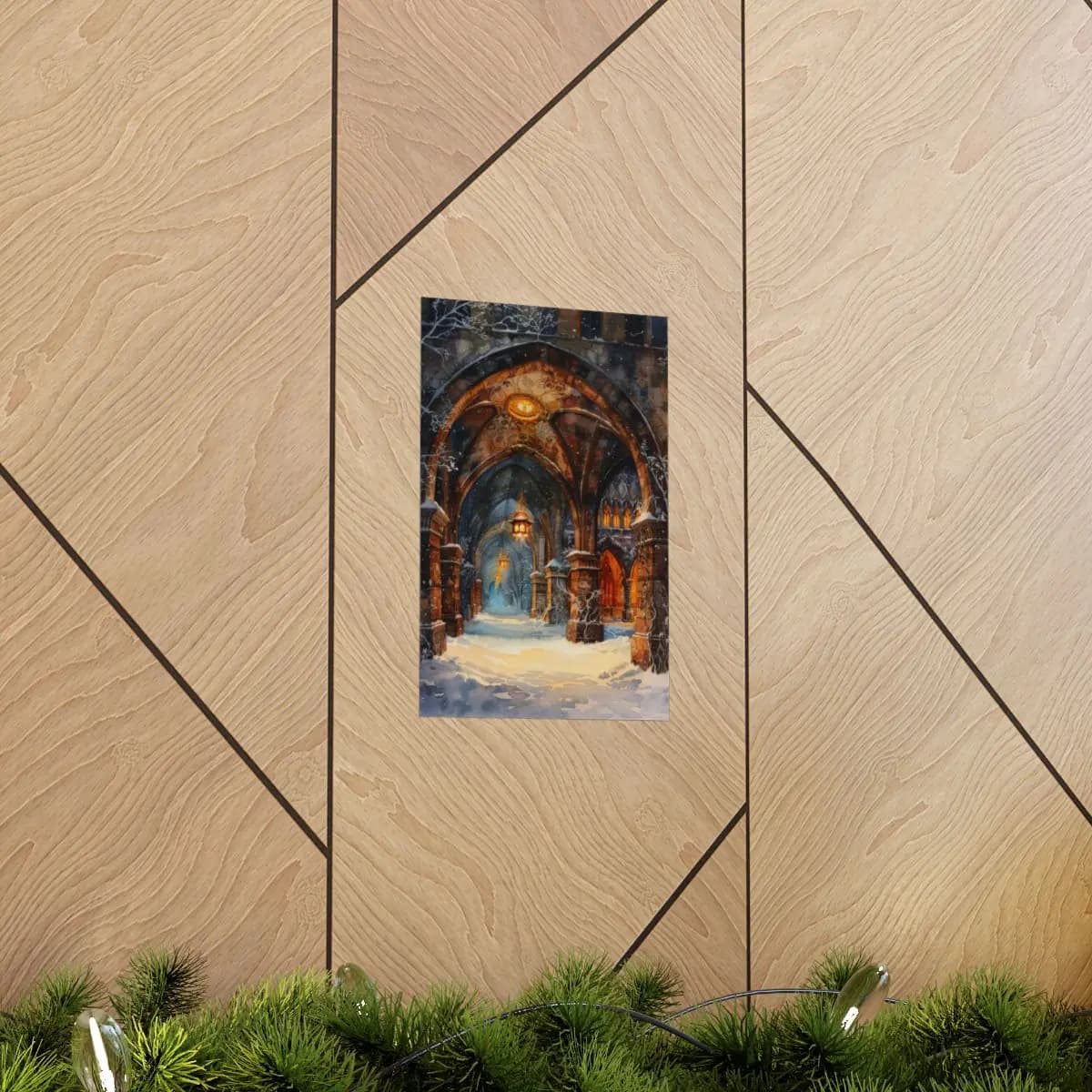 Snow-Laden Gothic Gateway Under Golden Lanterns - Matte Vertical Posters mockup angle 5
