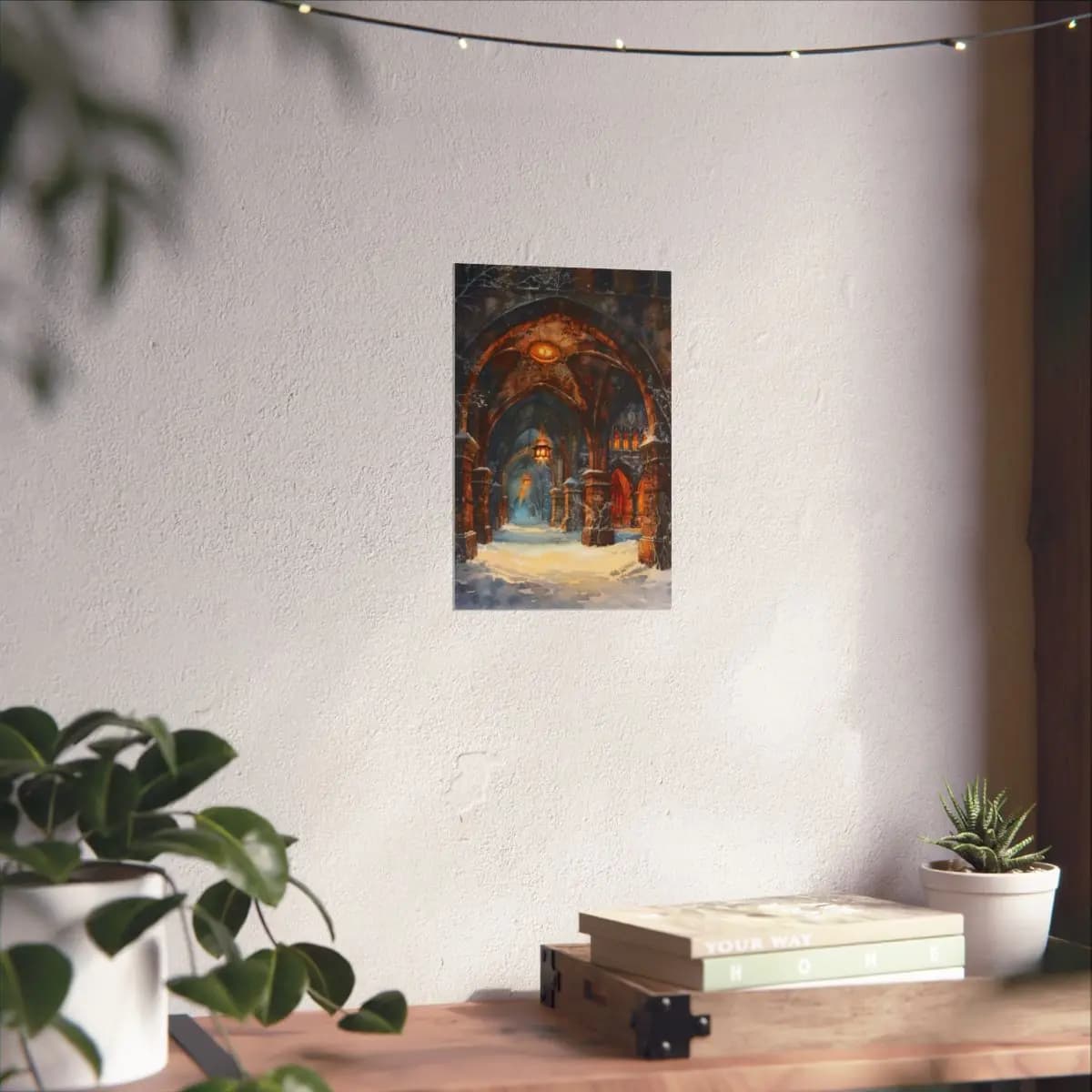 Snow-Laden Gothic Gateway Under Golden Lanterns - Matte Vertical Posters mockup angle 6