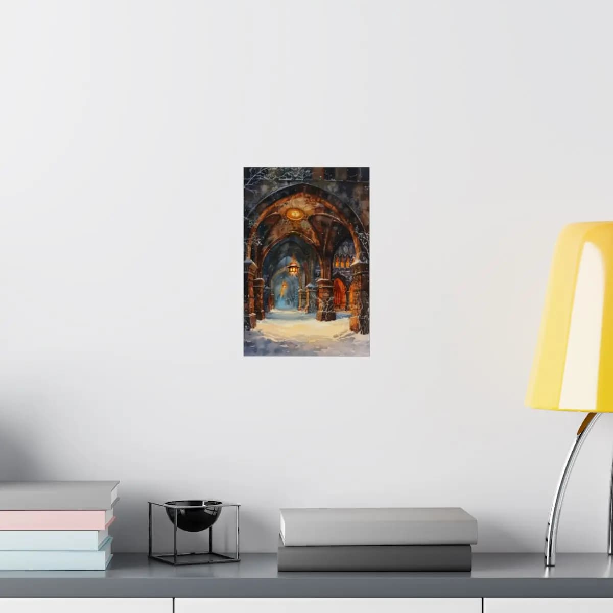 Snow-Laden Gothic Gateway Under Golden Lanterns - Matte Vertical Posters mockup angle 8