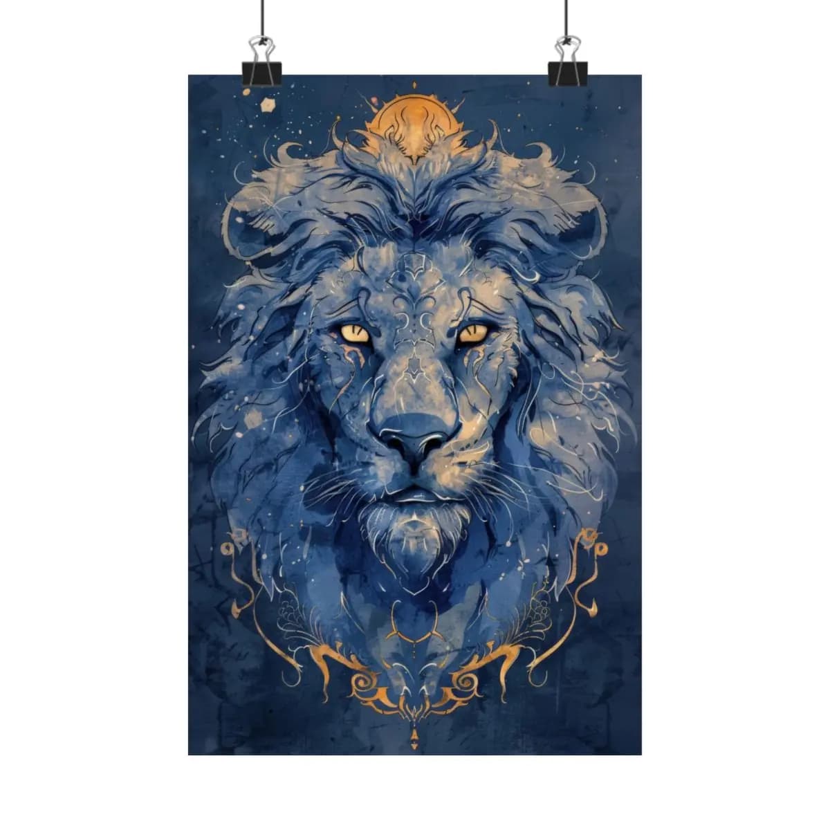 Celestial Lion with Golden Ornaments on Deep Blue - Matte Vertical Posters mockup angle 1