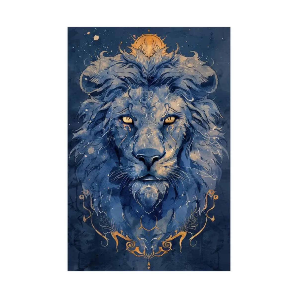 Celestial Lion with Golden Ornaments on Deep Blue - Matte Vertical Posters mockup angle 2