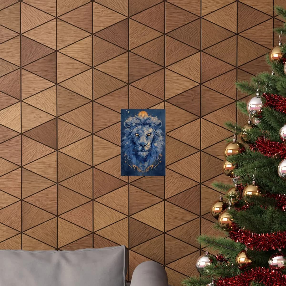 Celestial Lion with Golden Ornaments on Deep Blue - Matte Vertical Posters mockup angle 4