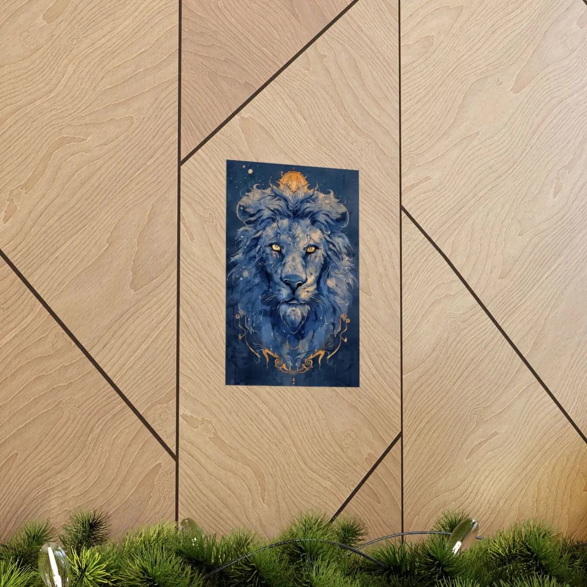 Celestial Lion with Golden Ornaments on Deep Blue - Matte Vertical Posters mockup angle 5