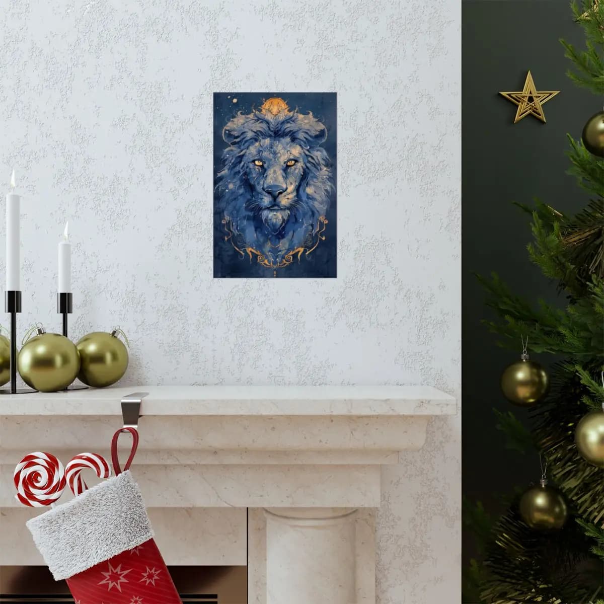Celestial Lion with Golden Ornaments on Deep Blue - Matte Vertical Posters mockup angle 7