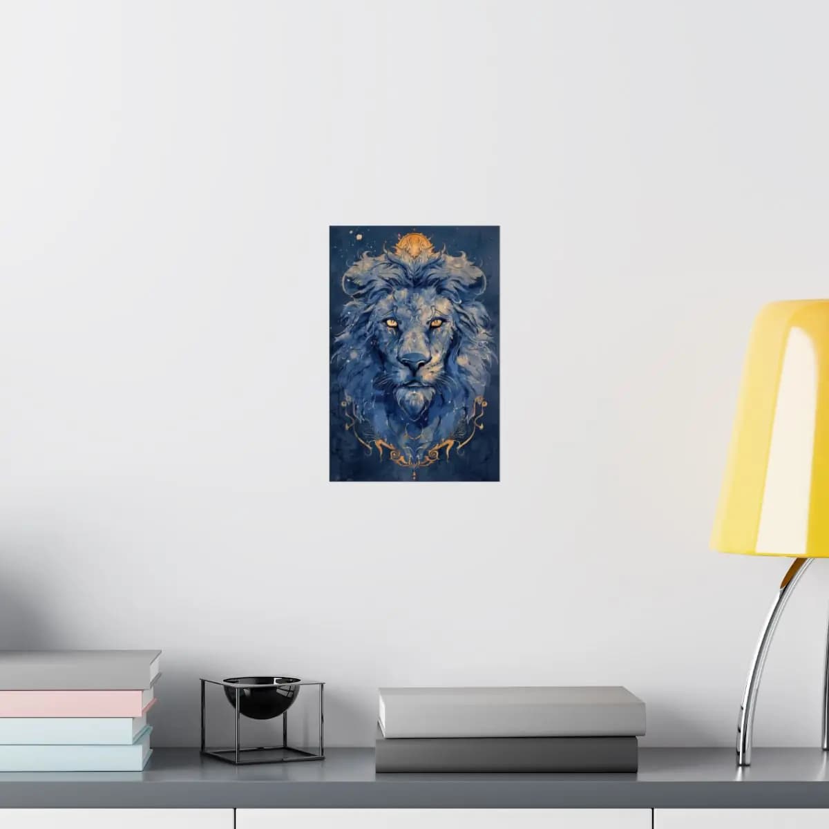 Celestial Lion with Golden Ornaments on Deep Blue - Matte Vertical Posters mockup angle 8