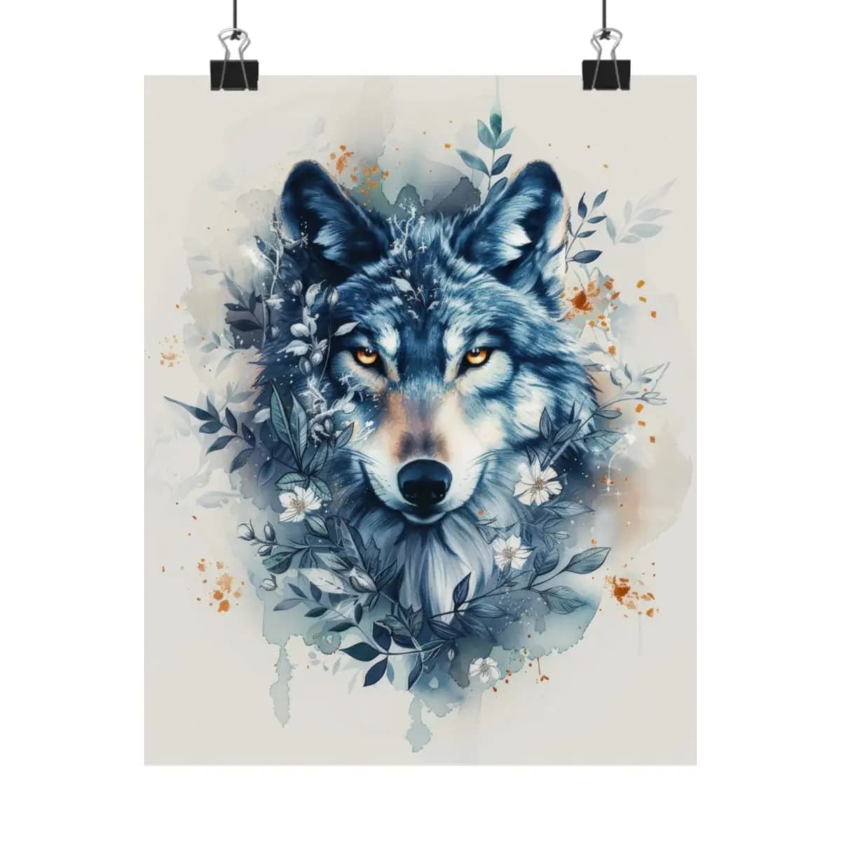 Wild Wolf with Golden Eyes and Blue Botanicals - Matte Vertical Posters mockup angle 1